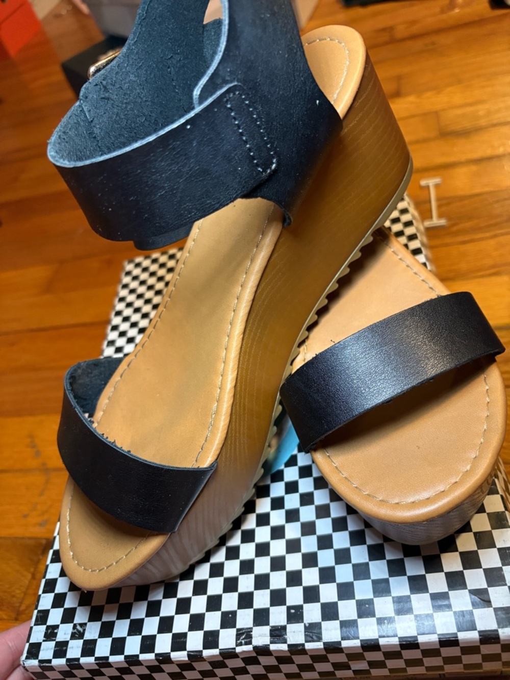 Soda Black and Tan Platform Wedge Sandals